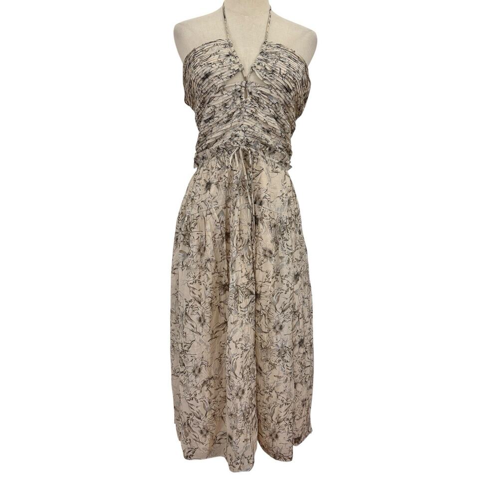 Sofie The Label Halter Midi Dress Ruched Bodice Floral Print‎ Beige Black Sz L